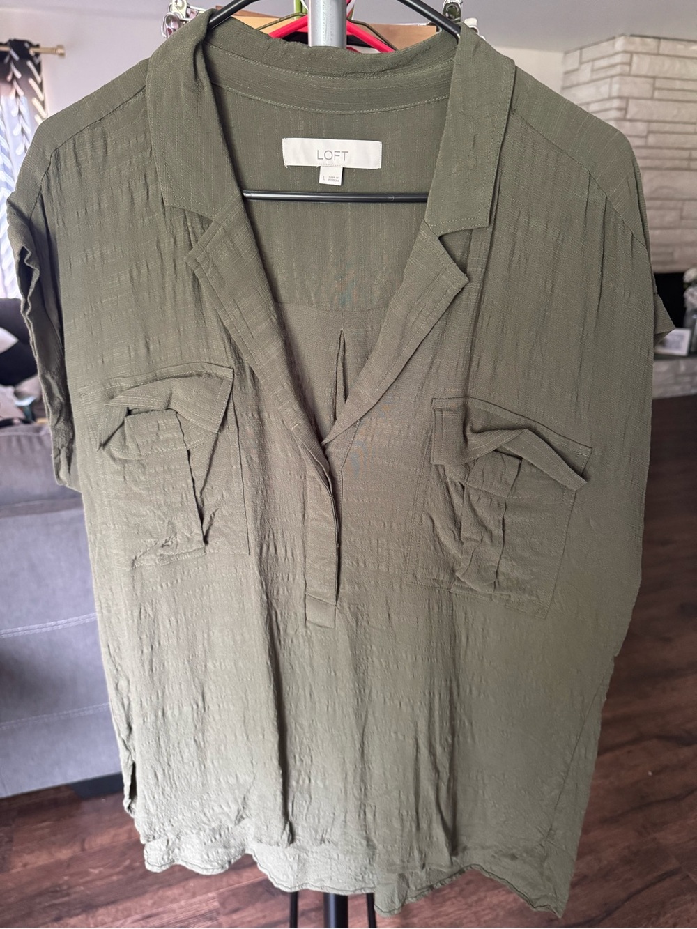 LOFT Olive Green Short Sleeve Notch-Neck Utility Tunic